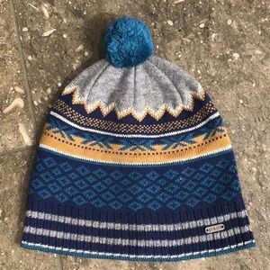 Pistil pom hat, blue/green and gold, cashmere blend